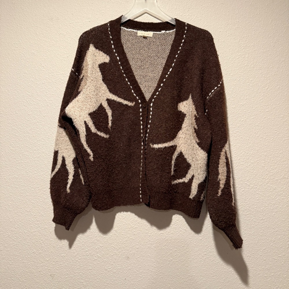 Illa Illa Womens Brown Horse Intarsia Knit Cardigan Sweater Whipstitch S/M - Picture 4 of 7